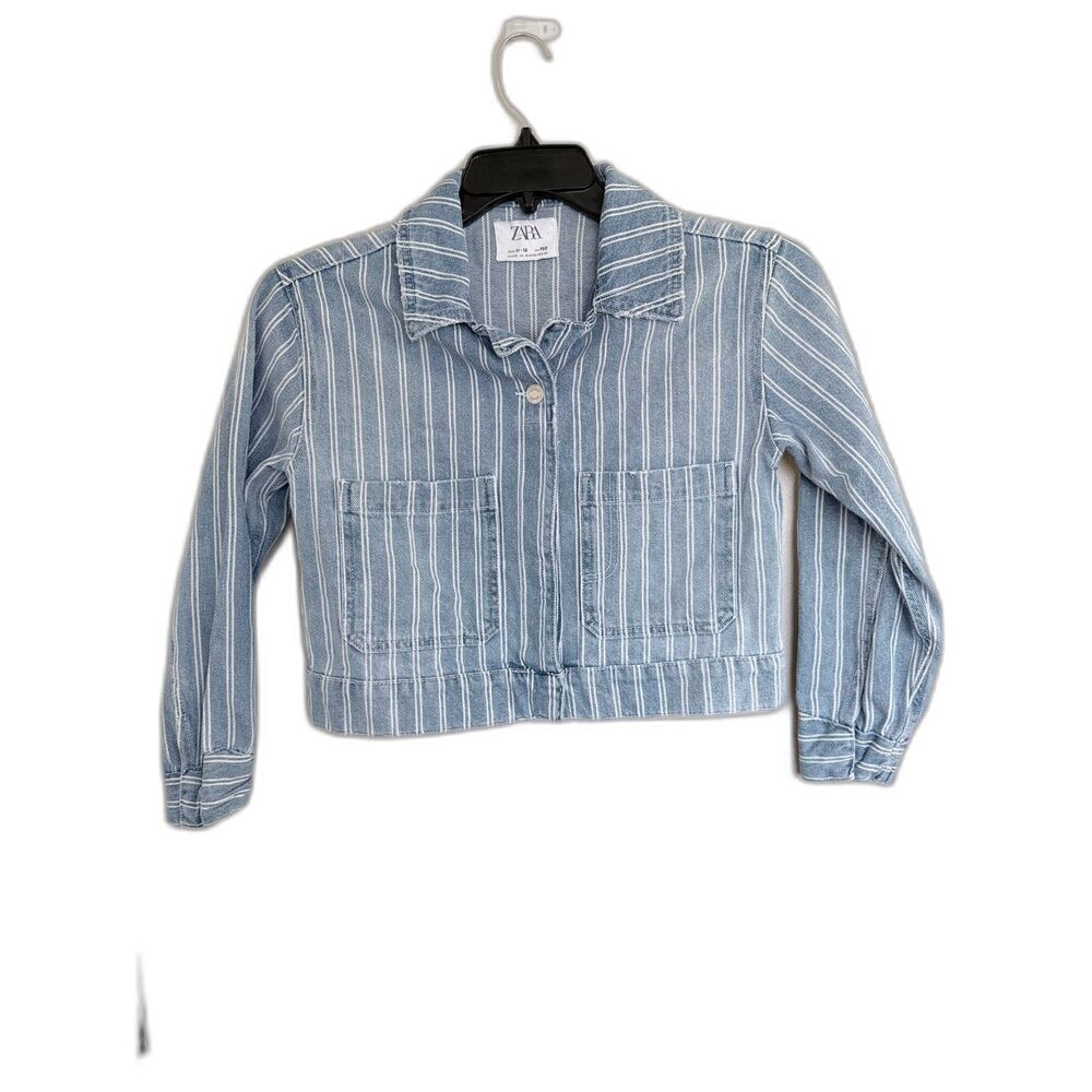 Zara Girls Blue & White Pinstripe Cropped Denim Jacket Size 11/12‎ (152cm)